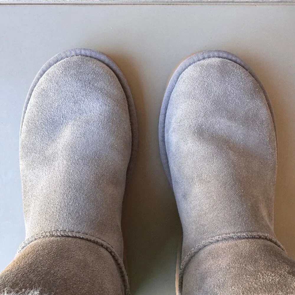 UGG Lace Mini Boots Womens 8 Gray Suede Corset Bow Classic Shearling Pull On